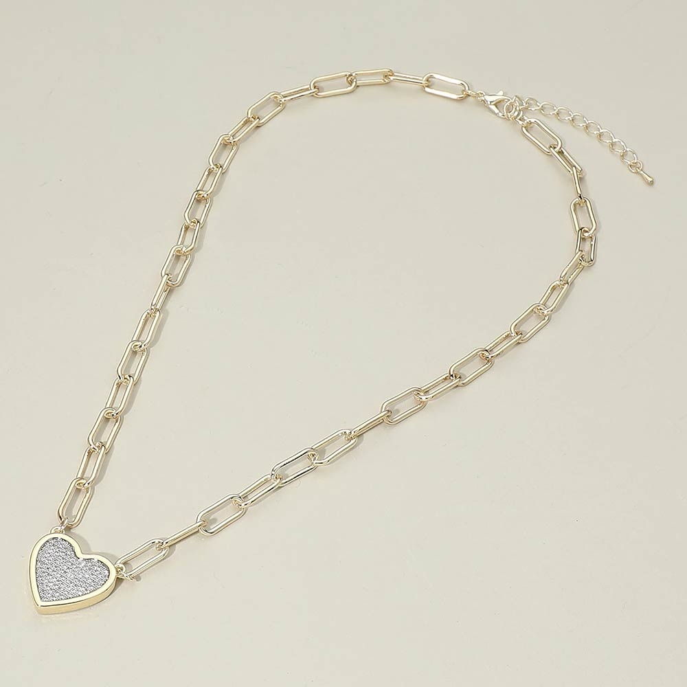 14K Gold CZ Heart Pave Pendant On Paperclip Necklace